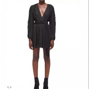 Black Lace Dress Trim Pleated and Belted Size 4 (US) NWT/Size 1 (France)